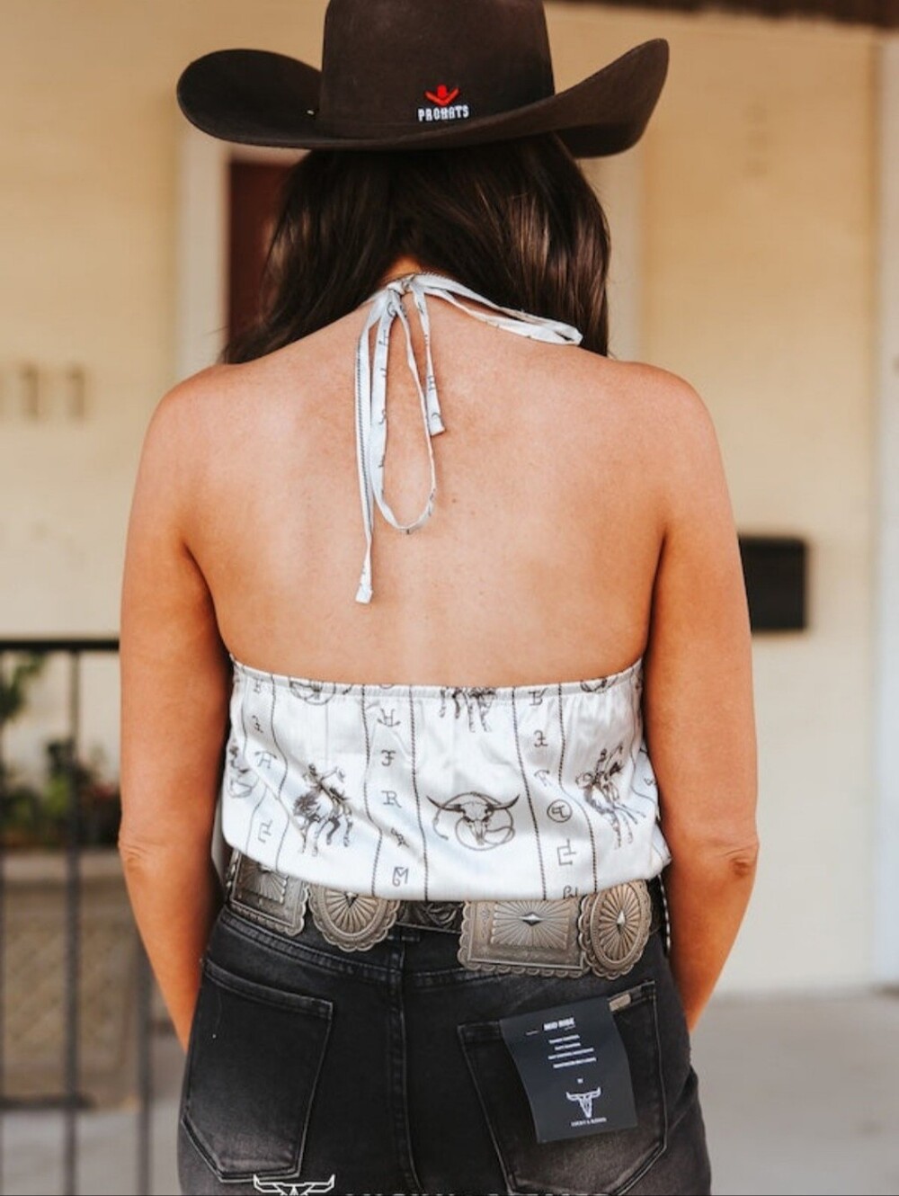 NEW Lucky & Blessed Grey/Silver Western print halter top - Picture 3 of 3